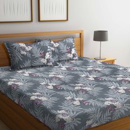 FABINALIV Grey Floral 300 TC Cotton Blend Super King Size Double Bedsheet with 2 Pillow Covers-picture-23