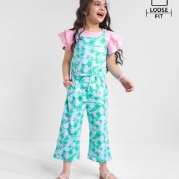 Ollington St. 100% Cotton Woven Floral Printed Dungaree & Frill Half Sleeves T-Shirt- Pink & Blue-image-76