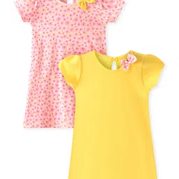 Babyhug Single Jersey Knit Half Sleeves Frock With Solid Color & Floral Print Pack of 2 - Yellow & Pink-picture-48