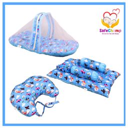 SafeChamp Skyler Baby Feeding Pillow And 4 Piece - Bed Set With Pillow And 2 Bolsters And Bedding Set Combo (Pack - 3) (Blue)-9