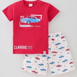 CUCUMBER Sinker Half Sleeves Nightwear Suit With Car Print - Red & White-image-41