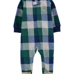 Carter's Knit Full Sleeves Checkered Sleep Suit With Bear Patch - Dark Green-image-56
