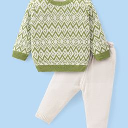 Babyhug Knitted Full Sleeves Sweater Set With Chevron Design - Off White & Green-image-90