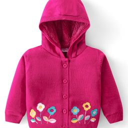 Babyhug Knitted Full Sleeves Front Open Hooded Sweater with Floral Embroidery - Fucshia-image-84