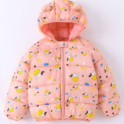 Kookie Kids Full Raglan Sleeves Padded Hooded Jacket with Moo Print & Ears Applique - Pink-image-2