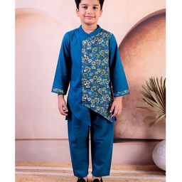 Junitos Boys Pure Cotton Full Sleeves Floral Printed Kurta Pyjama Set -  Turquise Blue-image-66