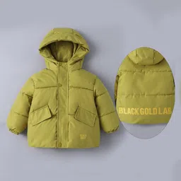Kookie Kids Full Sleeves Front Open Padded Hooded Jacket with Quilted Design & Text Print - Olive Green-picture-26