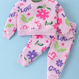 Doreme Cotton Knit Full Sleeves Floral Printed Top & Lounge Pants Co-Ord Set - Light Pink-picture-1