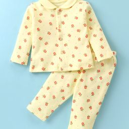 Tango Fleece Knit Full Sleeves Peter Pan Collared Floral Printed Winter Wear Night Suit - Cream-picture-12