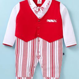 Mini Taurus Interlock Knit Full Sleeves Party Wear Romper with Bow Applique - Red-image-57