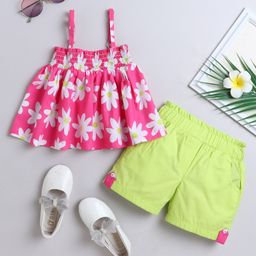 Twetoons Knit Sleeveless Top & Shorts Set with Floral Print - Pink & Neon Green-image-62