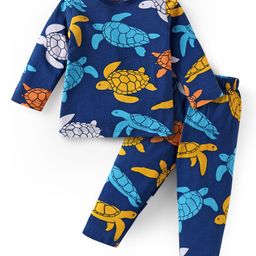Babyhug Cotton Knit Full Sleeves Night Suit With Turtle Print - Navy Blue-image-9