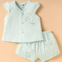 Zero Sinker Knit Front Open Half Sleeves Shorts Night Suit With Floral & Sea Life Print - Sea Green-79