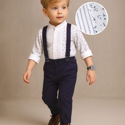 Babyhug Woven Full Sleeves Floral Printed Shirt & Trouser Set with Suspender - White & Navy Blue-picture-13