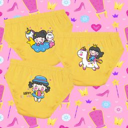 NUSYL Cotton Pack Of 3 Cute Girl & Unicorn Printed Panties - Yellow-image-131