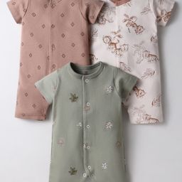 I Bears Interlock Knit Half Sleeves Rompers with Animal Print Pack Of 3 - Olive Green & Light Brown-image-67