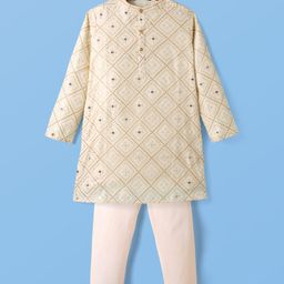 Pine Kids Woven Full Sleeves Kurta Pyjama Set with Floral Embroidery and Sequin Detailing - Offwhite & White-image-79