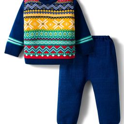 Babyhug Knitted Full Sleeves Sweater Set With Aztec Design - Navy Blue-picture-36