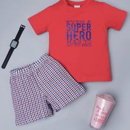 RAINE AND JAINE Cotton Knit Half Sleeves Even A Super Hero Has To Go To Bed Text Printed Tee & Checked Shorts Set - Red & White-picture-8