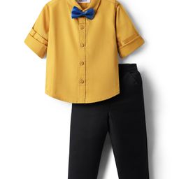 Babyoye 100% Cotton Woven Solid Full Sleeves Shirt & Bottom Set with Bow - Mustard Yellow & Black-picture-41