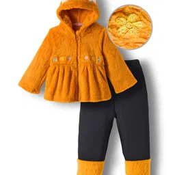 Mark & Mia Full Sleeves Hooded Winter Wear Suit Set With Floral Embroidery & Ear Applique - Light Brown & Black-picture-3