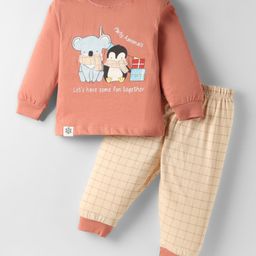 CUCUMBER Sinker Knit Full Sleeves T-Shirt & Lounge Pant with Animal Print & Checks - Light Red-picture-46