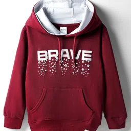 Taeko Full Sleeves Hooded Fleece Sweatshirt with Kangaroo Pocket & Text - Maroon-picture-34