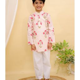 AJ Dezines Cotton Woven Full Sleeves Floral Printed & Striped Kurta Pyjama Set - Red-image-69