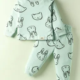 Pink Rabbit Interlock Knit Full Sleeves Bunny Printed Co-ords Night Suit - Light Blue-picture-3