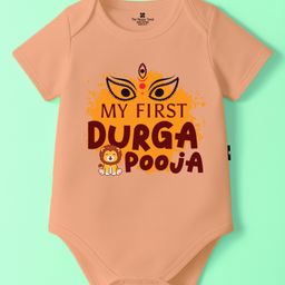 The Peppy Tend 100% Cotton Knit Durga Puja Theme Half Sleeves My First Durga Pooja Text Printed Onesie - Peach-picture-23