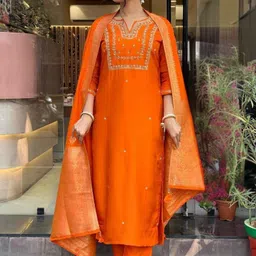 KALINI Floral Embroidered Sequinned Chanderi Silk Kurta With Trousers And Dupatta-12