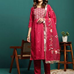 Sangria Red Floral Embroidered Zari Straight Kurta With Trouser & Dupatta-image-68