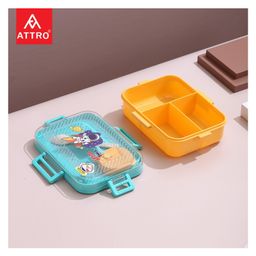 Attro Lunch Box Astronaut Theme Print with Inner Container & Spoon - Light Blue & Orange image 2
