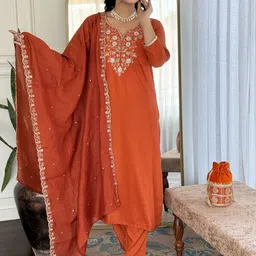 PEENGAX Floral Yoke Design Chanderi Silk Straight Kurta With Trousers & Dupatta-picture-44