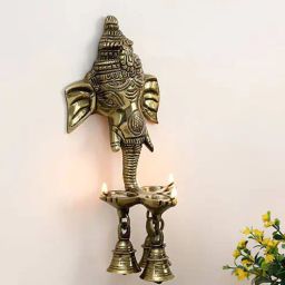 ecraftindia Brown Brass Ganesh Diwali Diyas With Bell Wall Hanging And Artifact-picture-40
