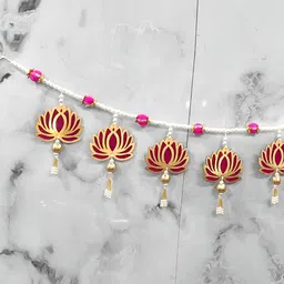 PUFFSMART White & Pink Textured Wooden Lotus With Latkan & Beads Bandhanwar Toran-picture-20