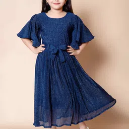 NATIONAL LEBASH Polka Dot Striped Flutter Sleeve Organic Cotton Fit & Flare Maxi Dress-picture-0