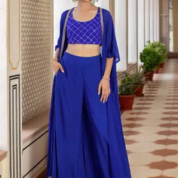KASYA Embroidered Round Neck Sleeveless Top & Palazzo With Shrug-image-33