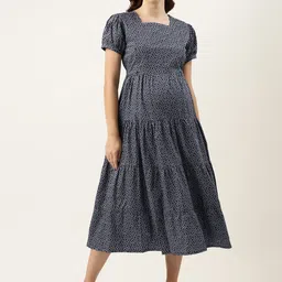 Nejo Blue Print Puff Sleeve Maternity A-Line Dress-image-10