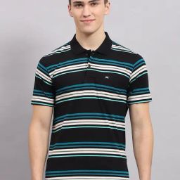 Monte Carlo Black Regular Fit Striped Polo T-Shirt-image-55