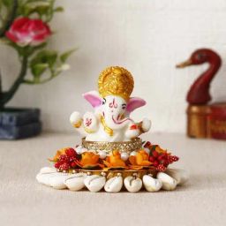 eCraftIndia Lord Ganesha Idol on Shells and Orange Floral Handcrafted Singhasan for Home/Temple/Office/Car Dashboard-image-72