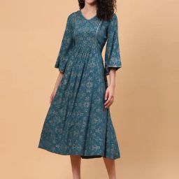 Rangriti Teal Blue Printed A-Line Dress-image-48