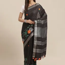 Kalakari India Black Linen Embroidered Saree With Unstitched Blouse-picture-23
