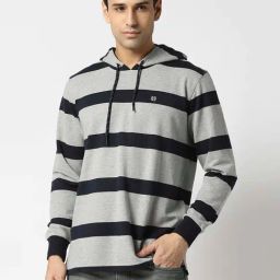 Dragon Hill Grey Slim Fit Striped Hooded Sweatshirt-image-79