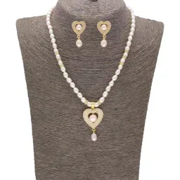 Sri Jagdamba Pearls Symbol of Love Pearl White & Golden Necklace and Earring Set-38