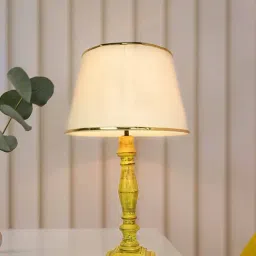 FOS LIGHTING French Farmhouse Distressed Yellow Wood Table Lamp Tapered Fabric Shade-43