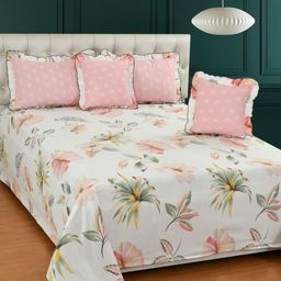 BREVARD White & Pink Floral Printed Double King Bedding Set-18
