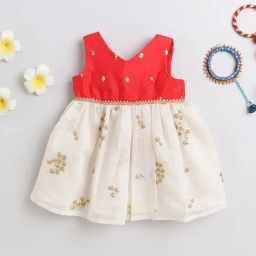 Many Frocks Kids Red & Cream Embroidered Dress-image-74