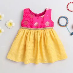 Many Frocks Kids Pink & Yellow Printed Dress-image-78