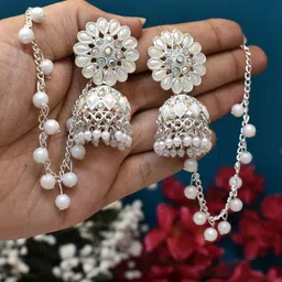 MEIRA JEWELLERY Silver-Plated Artificial Studded & Beaded Oxidised Dome Shaped Jhumkas-image-46
